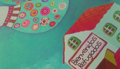 Imagen de una paloma coloreada y una escuela con el cartel Bienvenidos refugiados