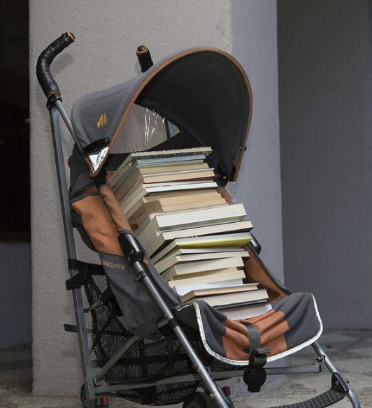 carrito de bebé lleno de libros en un portal