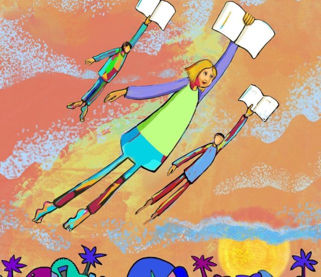 ilustración de niñas con libros volando
